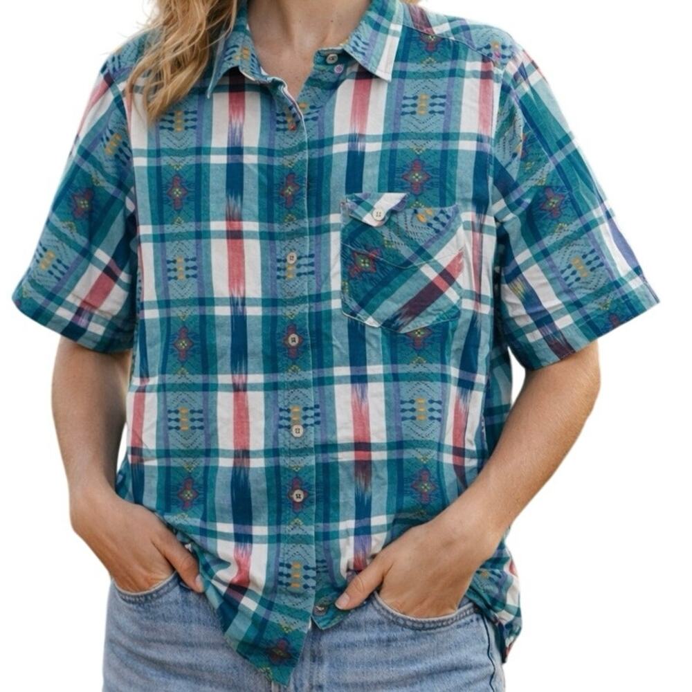 Vintage Chic Schooners Southwestern Plaid Button Up Shirt L Tall Teal Aztec